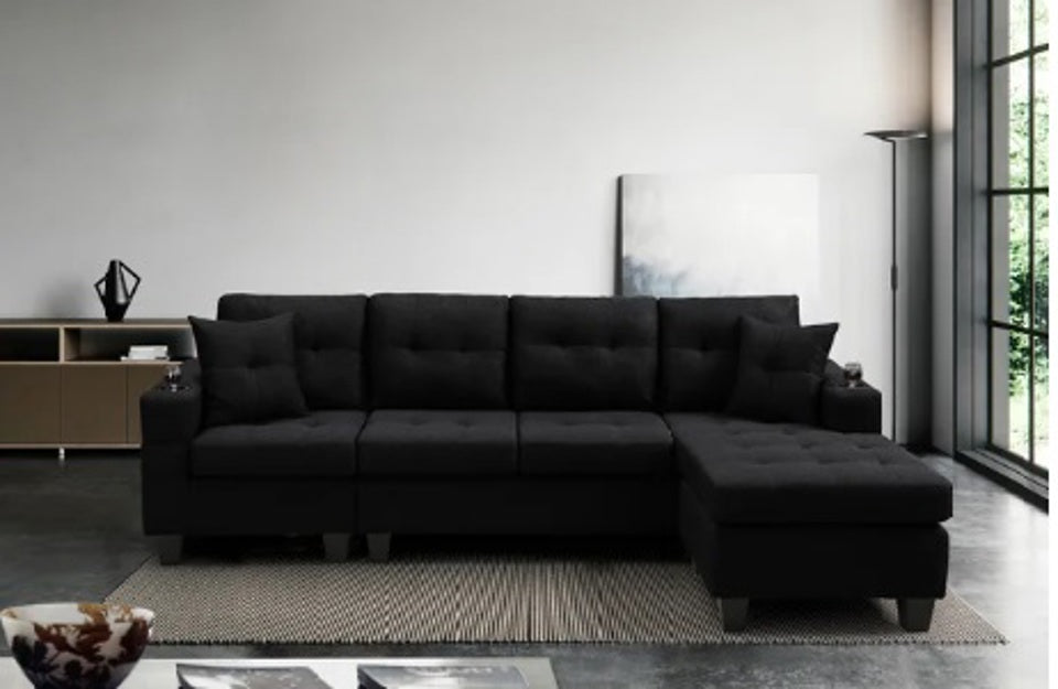 6212 (SARAH)  BLACK FABRIC SECTIONAL + 4 SEATER + REVERSIBLE